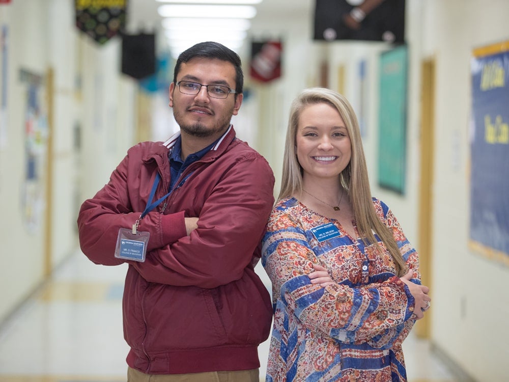 Two Georgia Southern student-teachers earn hours in an elementary school for teacher leadership endorsement.