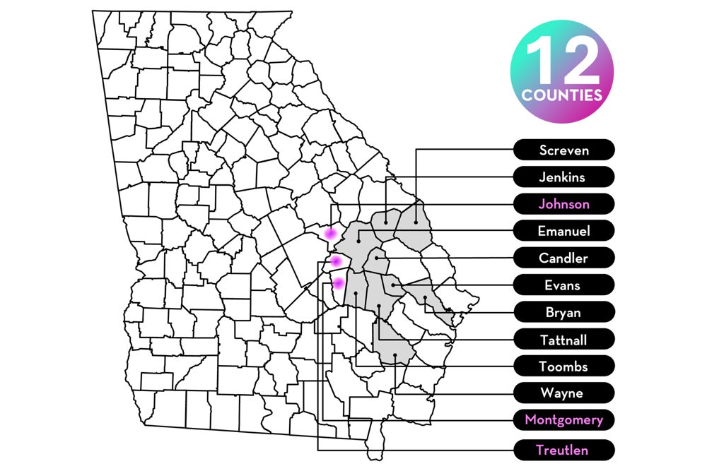 map of Georgia counties highlighting 12 counties in Southeast Georgia where the CHRP project is engaged.