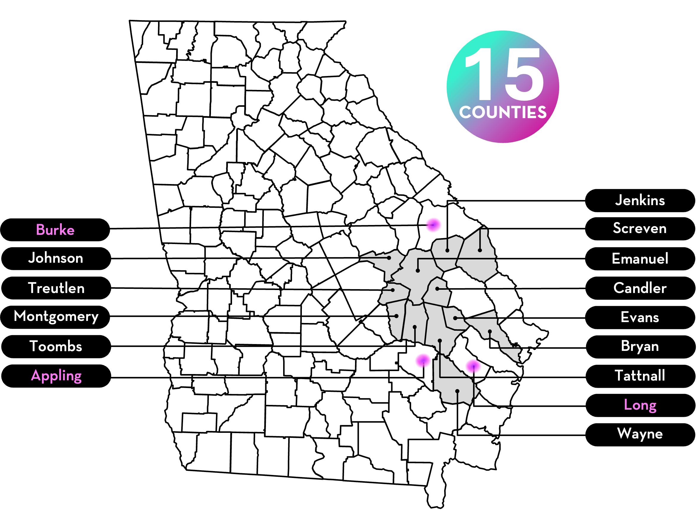 map of Georgia counties highlighting 12 counties in Southeast Georgia where the CHRP project is engaged.