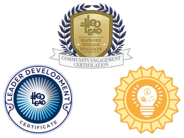 The badges of three certificate programs for service, leadership and sustainability.