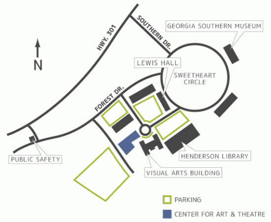 Map of Georgia Southern University showing Center for Art & Theatre location, nearby parking, and campus landmarks like Henderson Library and Sweetheart Circle.