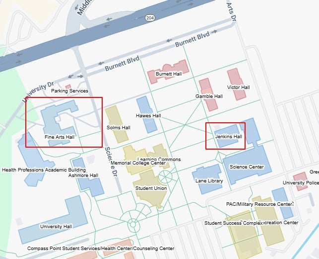 A map of Armstrong Campus showing the locations of Fine Arts Hall and Jenkins Hall theatre.