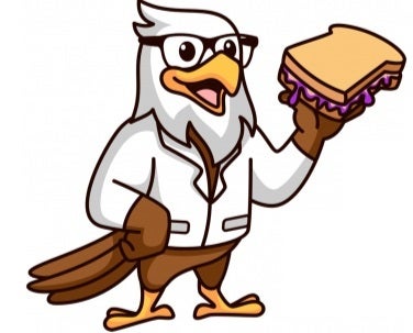 a cartoon bird holds a peanut butter and jelly sandwich