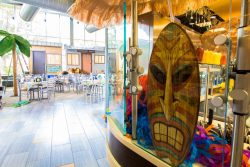A view of the seating area in Lakeside Commons, decorated for an event.
