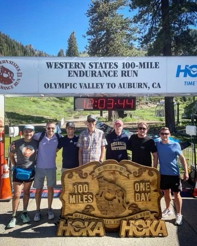 Ultramarathon athlete Patrick Reagan, left, Jacob Allen (UIUC), Greg Grosicki, Ph.D., Matthew Laye (College of Idaho), James Brown, WCHP masters student, Jimmy Bagley (SFSU), Jamie Pugh (Liverpool) at the Western States ultramarathon race in California.