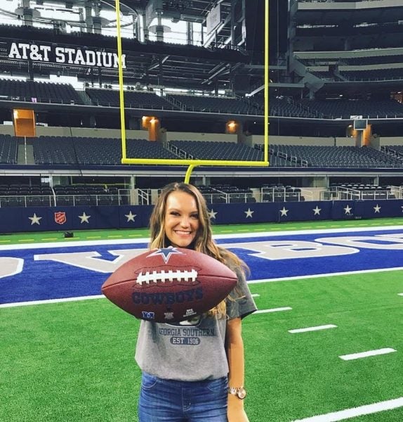 Recent Georgia Southern graduate Maddie Keen toured AT&T Stadium where the Dallas Cowboys play during a trip to Dallas with the Georgia Southern Sales Competition Team. Keen will move to Dallas to start her career with AT&T in August.
