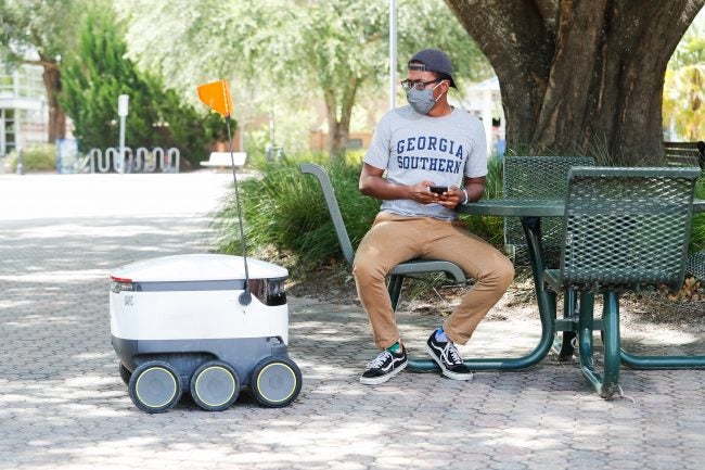 Starship contactless food delivery robots, shown above, will be bringing people food and drinks on the Statesboro Campus starting this fall.