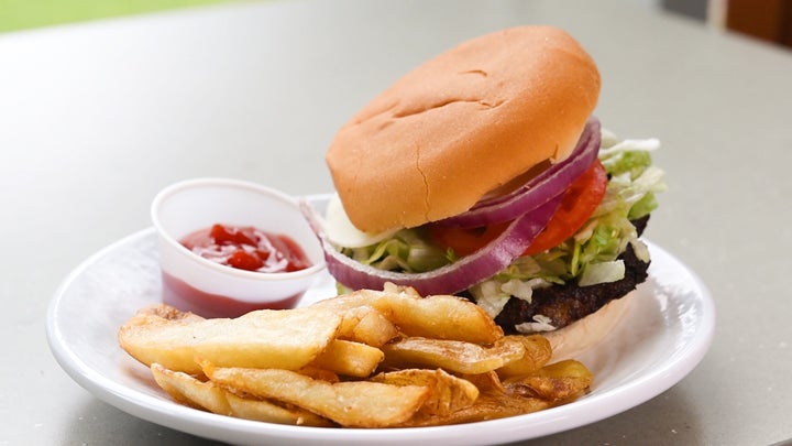 A hamburger and fries with ketchup on a plate.