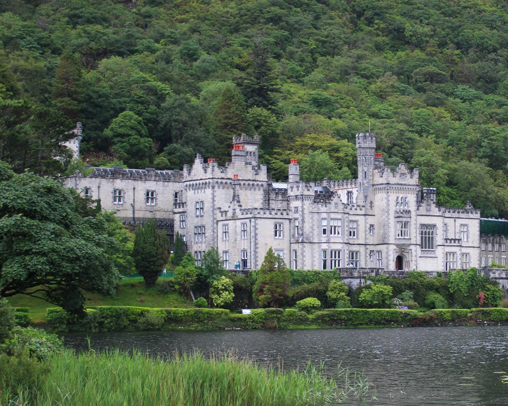 Castle nestled in the Irish countryside with lush green trees and a pond in the foreground.