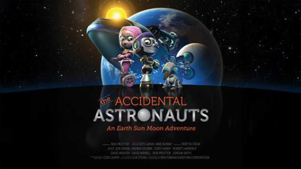 Graphic of Accidental Astronauts. Space background with earth behind and robots in the forefront.