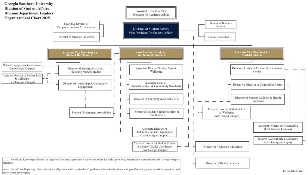 The organizational chart for Georgia Southern University's Division of Student Affairs, revised for 2025, outlines leadership under the Vice President for Student Affairs, who reports to the President. It highlights key branches including Student Development, Dean of Students, and Student Success, with directors and deans overseeing areas such as student activities, wellness, counseling, housing, and accessibility services.