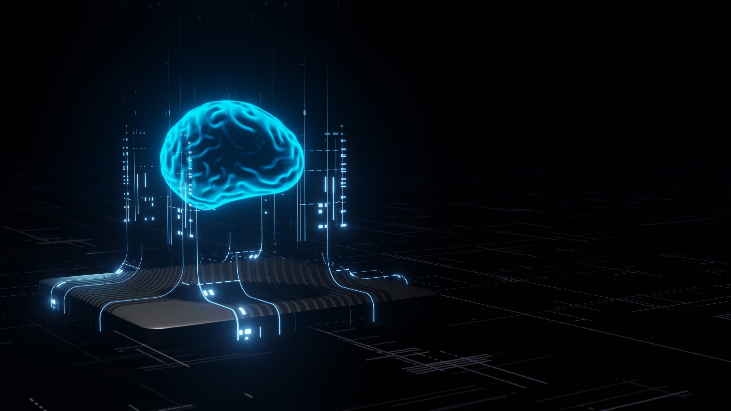 Glowing blue brain hologram hovering over a futuristic circuit platform in a dark, high-tech scene.