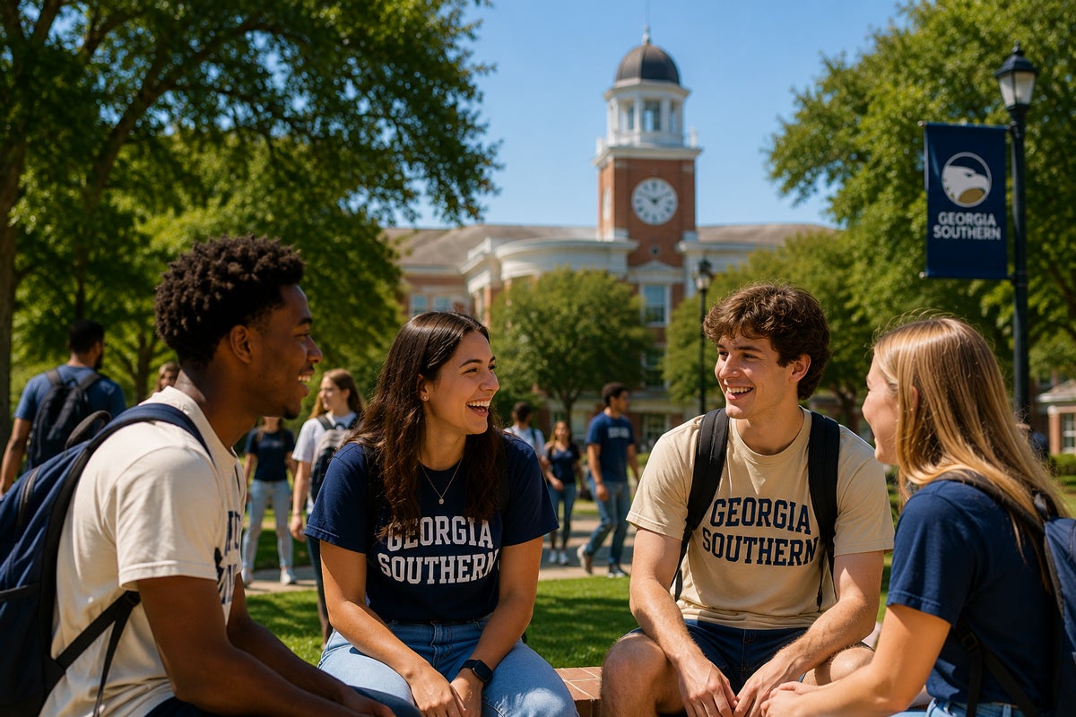 Four students on a sunny campus chatting, wearing Georgia Southern shirts, with a clock-tower building in the background.