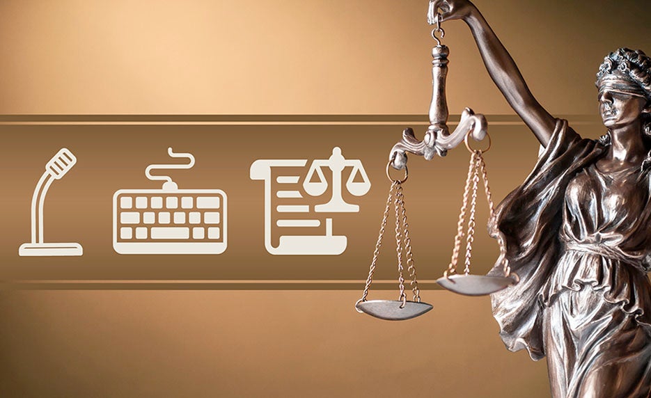 Lady Justice with scales beside a tech-themed banner showing a microphone and keyboard, symbolizing legal technology.