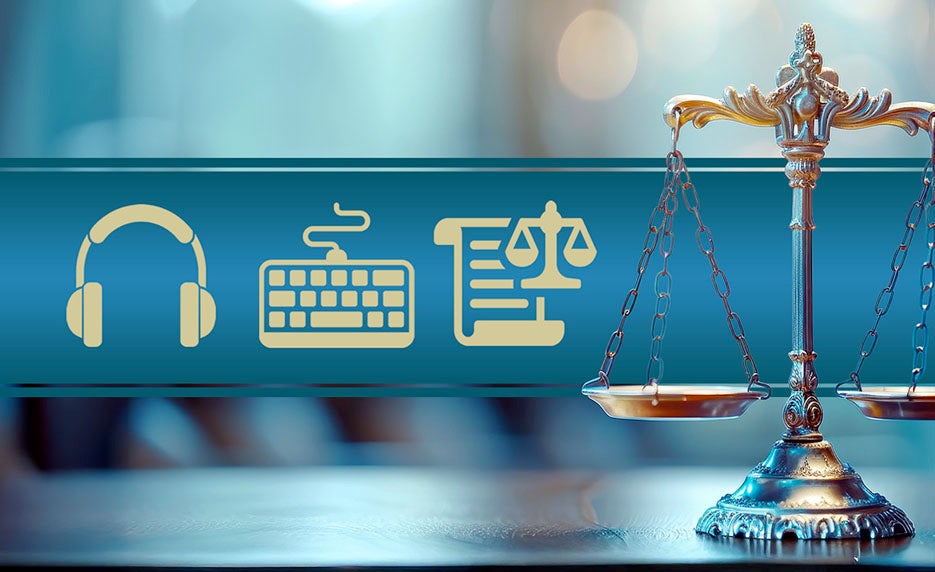 Blue banner with icons for headphones, keyboard, and scales of justice beside a decorative balance scale on the right.