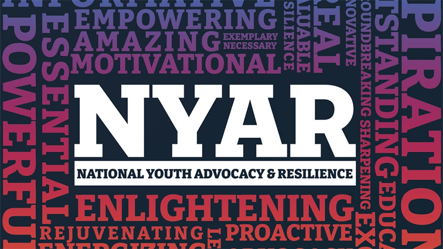 Centered NYAR logo with 'National Youth Advocacy & Resilience' subtitle on a dark background, framed by a purple-red word collage.