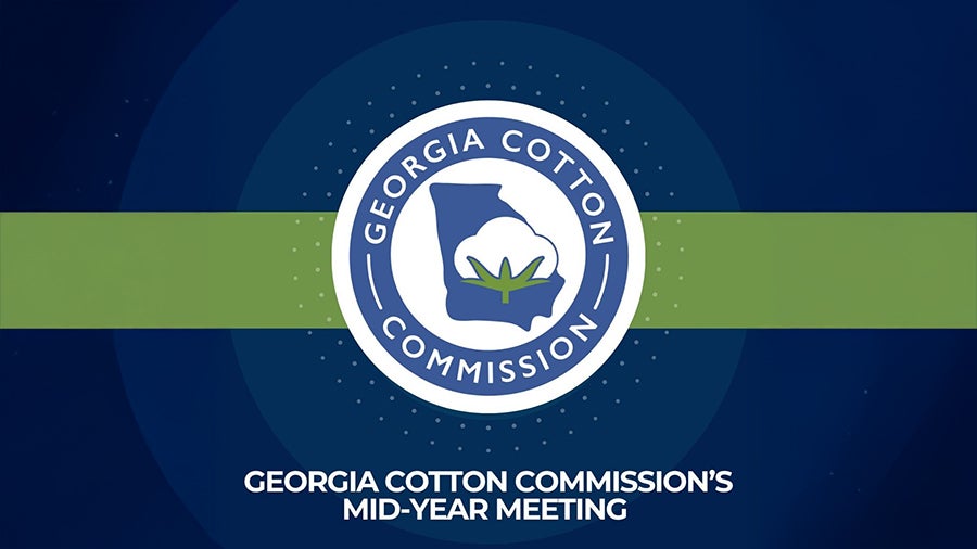 Georgia Cotton Commission mid-year meeting logo on a blue and green background with text below: 'GEORGIA COTTON COMMISSION'S MID-YEAR MEETING'