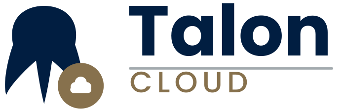 Talon Cloud logo with a navy talon/wing icon beside bold 'Talon' text, a gray underline, and beige 'CLOUD' text underneath.