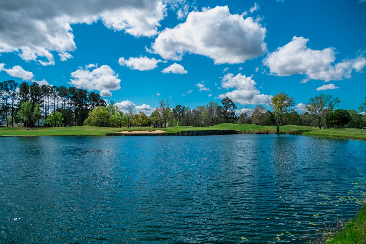 Pond on a golf course with green fairways, trees, and a blue sky with white clouds; calm water in the foreground