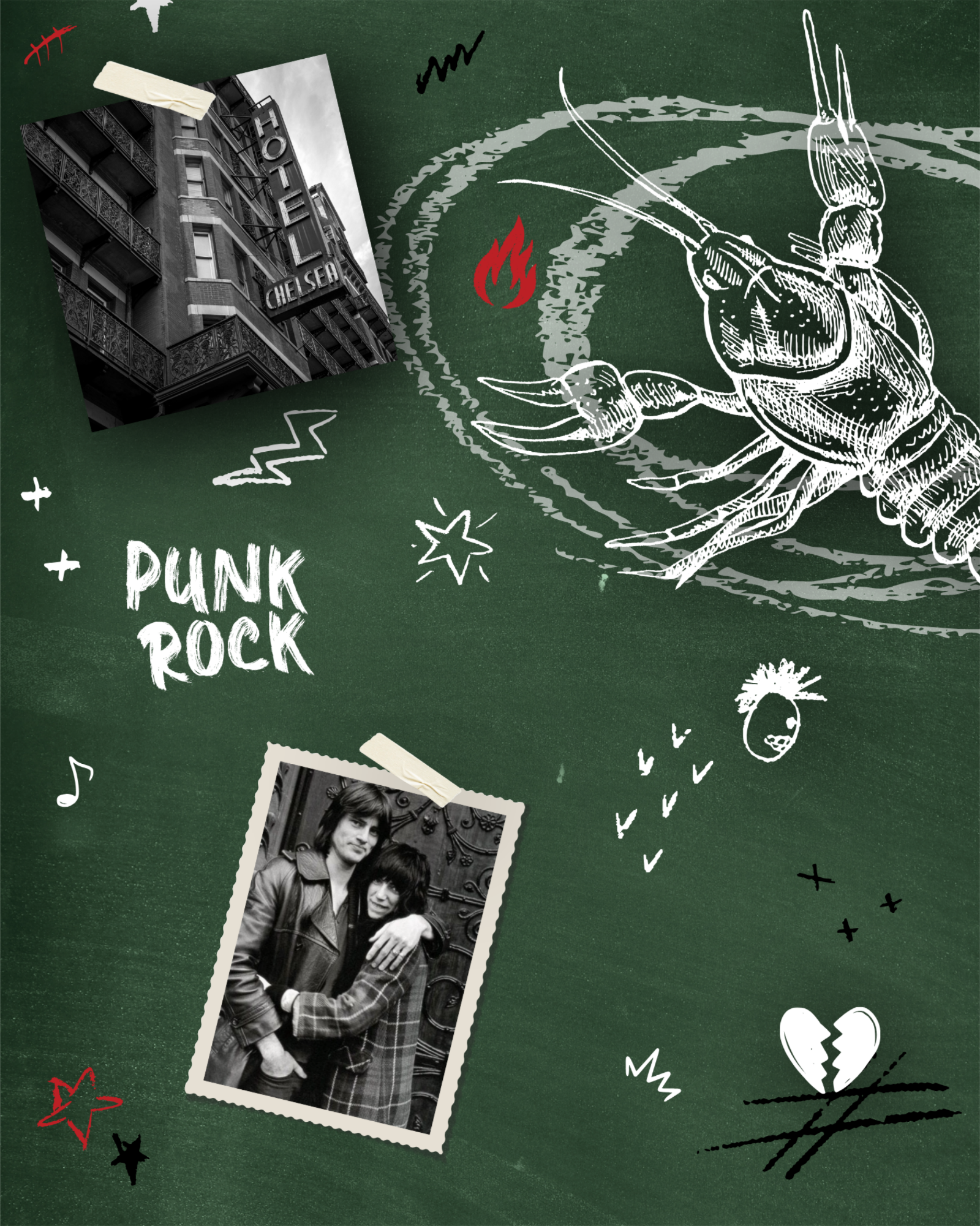 A chalkboard with a drawing of a lobster, a photo of Sam Shepard and Patti Smith and a photo of the Hotel Chester. The words 
