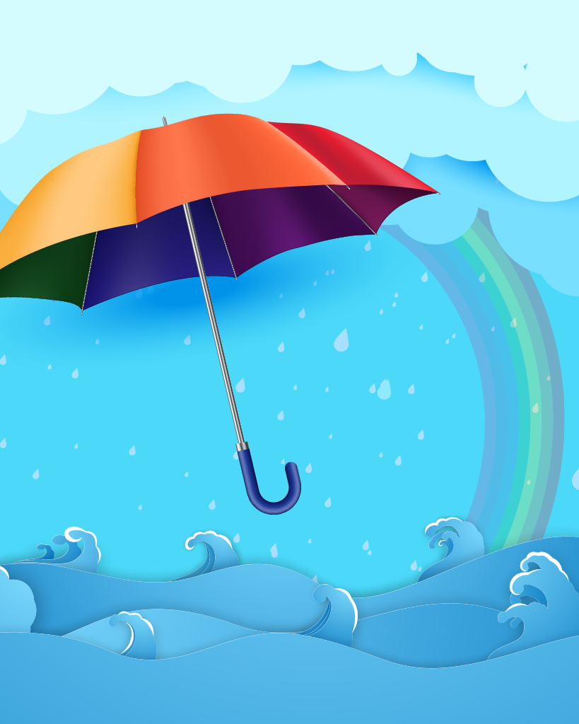 A multicolored umbrella floats in the air over a cartoon sea. A rainbow shines in the background.