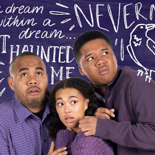 Three people with anxious expressions stand close together, looking upward, in front of a chalkboard filled with spooky words like ‘haunted’ and ‘never.’