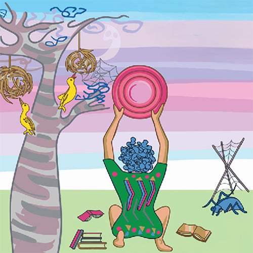 Person with blue curly hair in a green dress sits on grass, raising a pink frisbee near a tree with hanging nests and yellow birds.