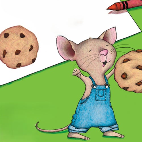 Cartoon mouse in blue overalls reaching for a chocolate chip cookie, with more cookies nearby on a green background.